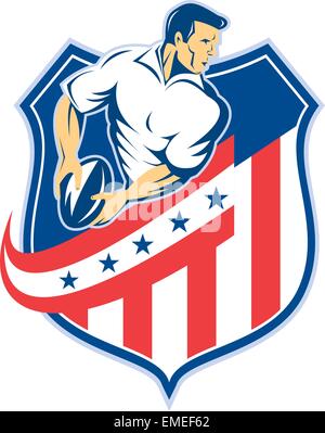 American Rugby Player Passing Ball Shield Retro Stock Vector