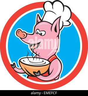 Pig Chef Cook Holding Bowl Circle Cartoon Stock Vector