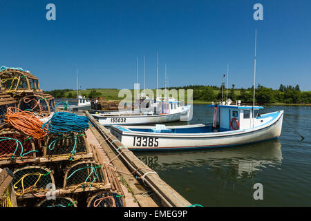 Fishing boats and lobster plants at the wharf in French River, Prince Edward Island, Canada Stock Photo