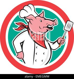 Pig Chef Cook Holding Spatula Circle Cartoon Stock Vector