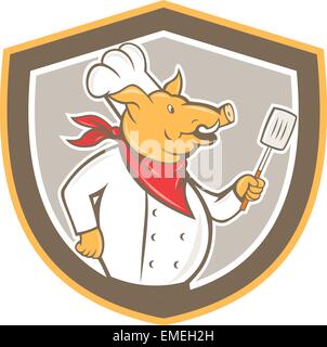 Pig Chef Cook Holding Spatula Shield Cartoon Stock Vector