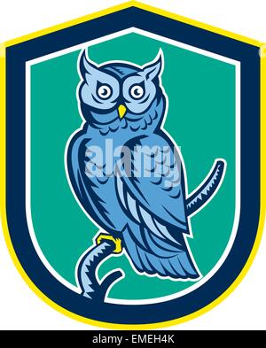 Great Horned Owl on Branch Shield Retro Stock Vector
