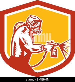 Spray Paint Gun Painter Spraying Shield Retro Stock Vector