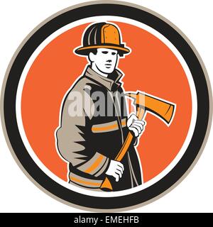 Fireman Firefighter Holding Fire Axe Circle Stock Vector