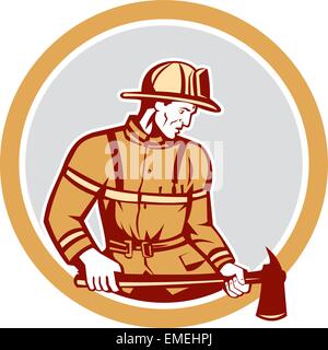 Fireman Firefighter Holding Fire Axe Circle Stock Vector