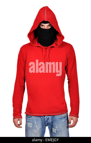 terrorist with red hoodie and mask on a white background Stock Photo