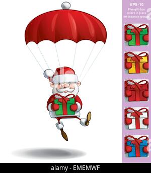 Happy Santa - Parachute Holding a Gifts Stock Vector