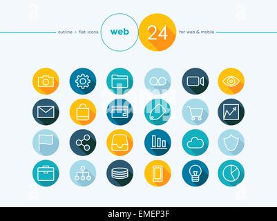 Web flat icons outline style set Stock Vector