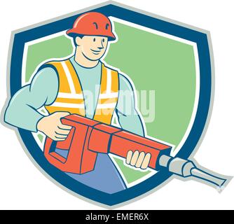 Construction Worker Jackhammer Shield Cartoon Stock Vector