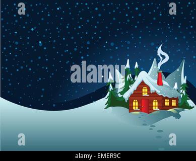 Little house in snowy hills Stock Vector