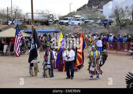 Grand entry of Tohono O'odham Nation annual Wa:k Pow wow at San Xavier del Bac Mission, Tucson, Arizona, USA Stock Photo