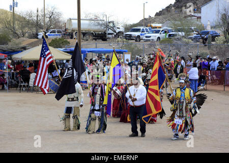 Grand entry of Tohono O'odham Nation annual Wa:k Pow wow at San Xavier del Bac Mission, Tucson, Arizona, USA Stock Photo