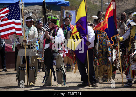 Grand entry of Tohono O'odham Nation annual Wa:k Pow wow at San Xavier del Bac Mission, Tucson, Arizona, USA Stock Photo