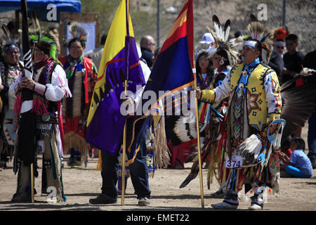 Grand entry of Tohono O'odham Nation annual Wa:k Pow wow at San Xavier del Bac Mission, Tucson, Arizona, USA Stock Photo