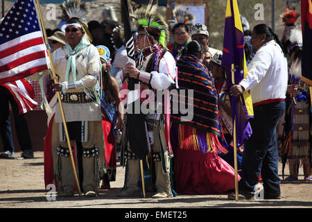 Grand entry of Tohono O'odham Nation annual Wa:k Pow wow at San Xavier del Bac Mission, Tucson, Arizona, USA Stock Photo