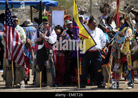 Grand entry of Tohono O'odham Nation annual Wa:k Pow wow at San Xavier del Bac Mission, Tucson, Arizona, USA Stock Photo