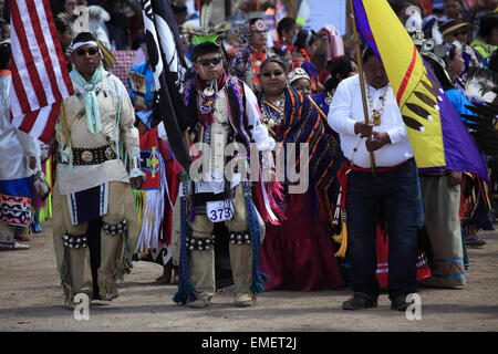 Grand entry of Tohono O'odham Nation annual Wa:k Pow wow at San Xavier del Bac Mission, Tucson, Arizona, USA Stock Photo