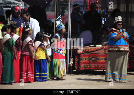 Grand entry ceremony of Tohono O'odham Nation annual Wa:k Pow wow at San Xavier del Bac Mission, Tucson, Arizona, USA Stock Photo