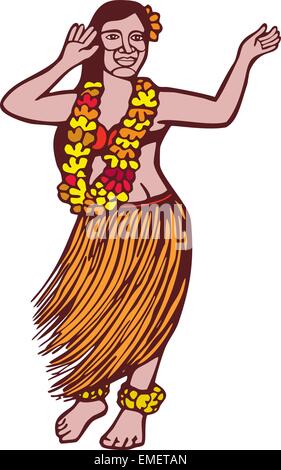 Polynesian Dancer Grass Skirt Linocut Stock Vector