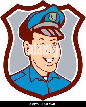 Policeman Winking Smiling Shield Cartoon Stock Vector