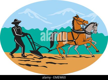 illustration of a farmer and horse plowing field done in retro style ...