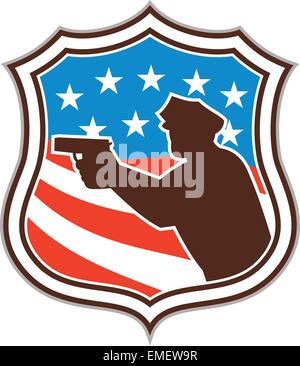 Policeman Silhouette Pointing Gun Flag Shield Retro Stock Vector