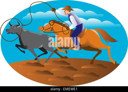Cowboy Riding Horse Lasso Bull Cow Stock Vector