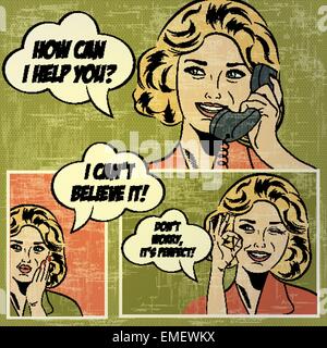 Illustrations for comic books with retro woman in pop art style Stock Vector