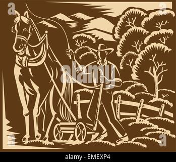 A man plowing a field with a horse and plow, vintage line drawing or ...