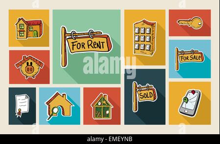 Real estate sketch style flat icon set Stock Vector