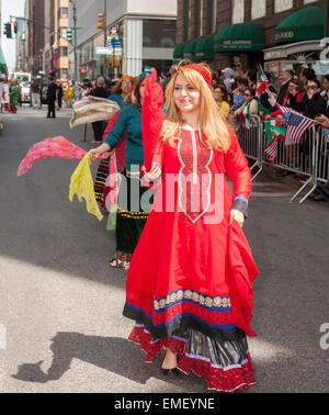 Iranian-Americans and supporters at the 12th annual Persian Parade on Madison Ave. in New York on Sunday, April 19, 2015. The parade celebrates Nowruz, New Year in the Farsi language. The holiday symbolizes the purification of the soul and dates back to the pre-Islamic religion of Zoroastrianism. (© Richard B. Levine) Stock Photo