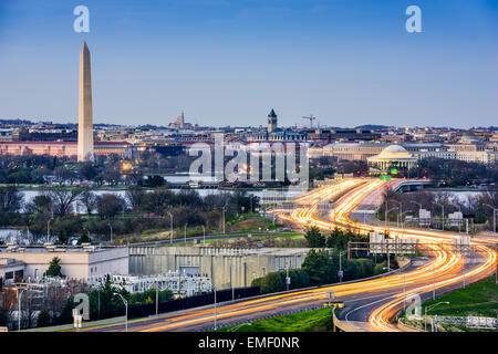 Washington, D.C. cityscape with Washington Monument and Jefferson Memorial. Stock Photo