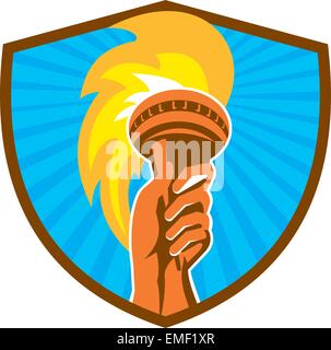 Hand Holding Burning Flaming Torch Shield Retro Stock Vector