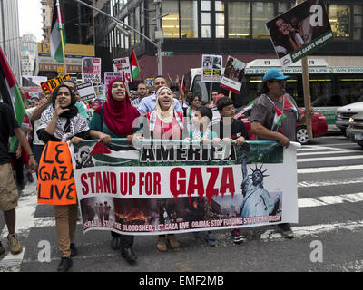 Pro-Palestinian protest at Columbus Circle in NYC protesting Israeli attacks against Gaza, August 1, 2014. Stock Photo