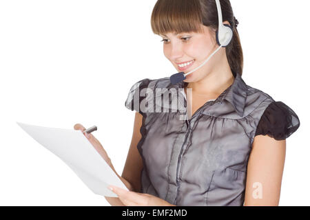 Young happy beautiful customer service operator girl in headset Stock Photo