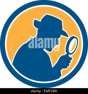 Detective Holding Magnifying Glass Circle Retro Stock Vector