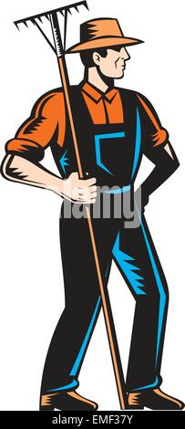 Organic Farmer Standing Rake Woodcut Stock Vector