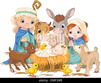 Smiling holy Family. Nativity scene. Birth of Christ. Christmas season ...