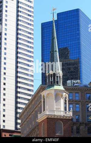 Boston Tea Party started at this Boston Freedom Trail landmark. The Old South Meeting House museum and historic site spire. Stock Photo