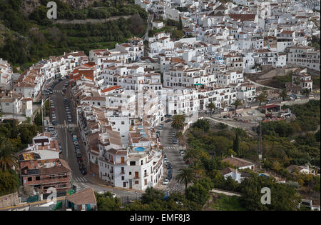 Frigiliana the classic and on of the most beautiful Spanis old white village from the bird view at Costa del Sol. Stock Photo