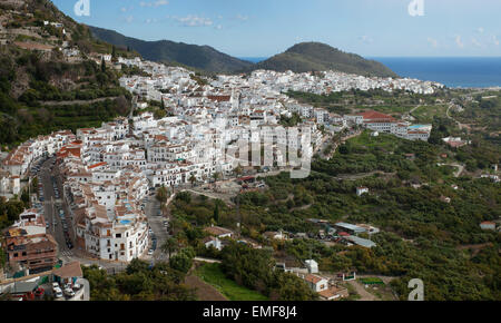 Frigiliana the classic and on of the most beautiful Spanis old white village from the bird view at Costa del Sol near Nerja. Stock Photo