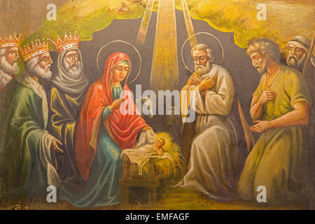 JERUSALEM, ISRAEL - MARCH 3, 2015: The fresco of Nativity in The  Greek Orthodox Church of the Assumption (Marys tomb) Stock Photo