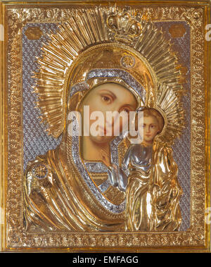 JERUSALEM, ISRAEL - MARCH 5, 2015: The icon of Madonna in Russian orthodox Church of Holy Mary of Magdalene Stock Photo