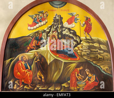 BETHLEHEM, ISRAEL - MARCH 6, 2015: The Icon of Nativity from The Nativity church from year 1975 by unknown artist. Stock Photo