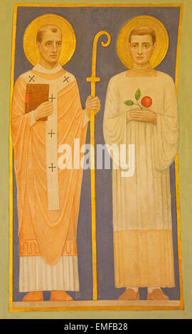 Vienna - Fresco of the saints Cyril and Methodius by P. Verkade (1927) from side altar in Carmelites church in Dobling. Stock Photo
