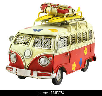 Old retro toy camper car isolated on white background with Clipping Path Stock Photo