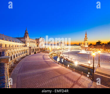 Plaza de Espana Seville, Sevilla, Spain at sunset. Scenic overview of the square towards South tower of main building. Stock Photo