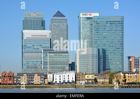 cti HSBC Barclays River Thames waterside real estate major international bank businesses in headquarters skyscrapers Canary Wharf London Docklands UK Stock Photo