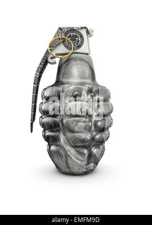 3D render of hand grenade decorated with hundred dollar bill Stock Photo