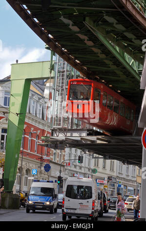 Articulated train, schwebebahn, suspended railway, above traffic, Vohwinkeler Strasse, Wuppertal, Nordrhein-Westfalen, Germany Stock Photo